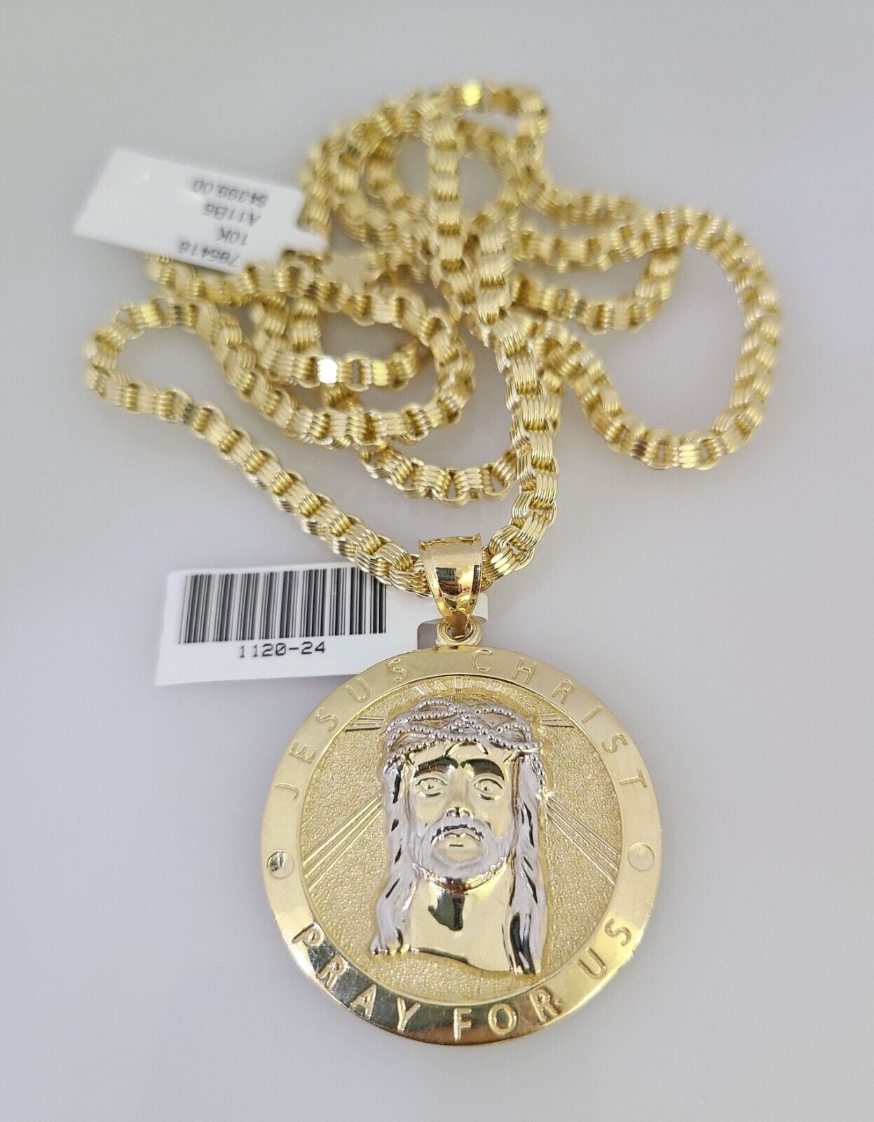Real 10k Gold Byzantine Chain Jesus Charm Pendant SET 3mm 22 Inch Men's Necklace